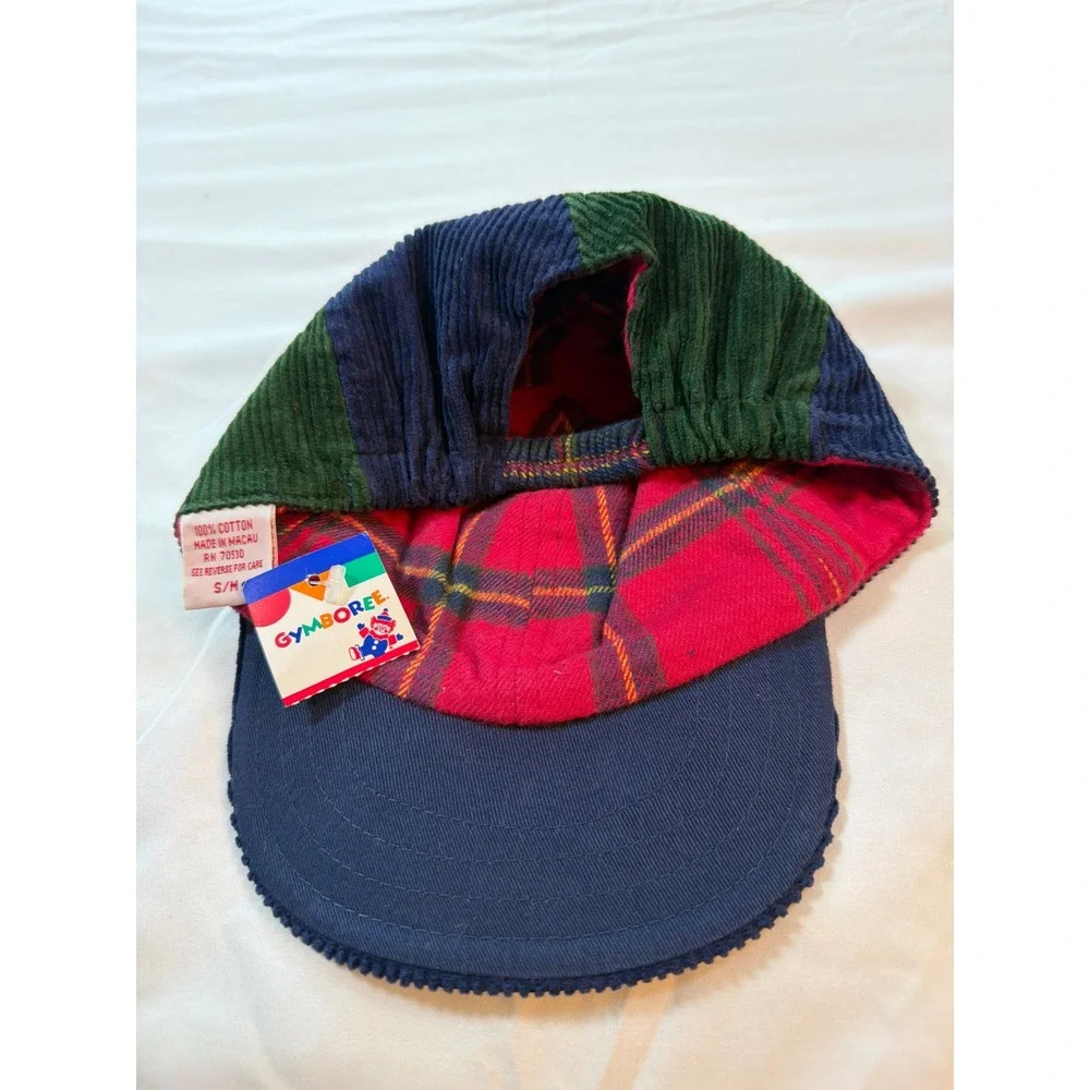 Vintage Gymboree Kids Corduroy Colorblock Hat Navy Green Plaid Lined NWT S/M